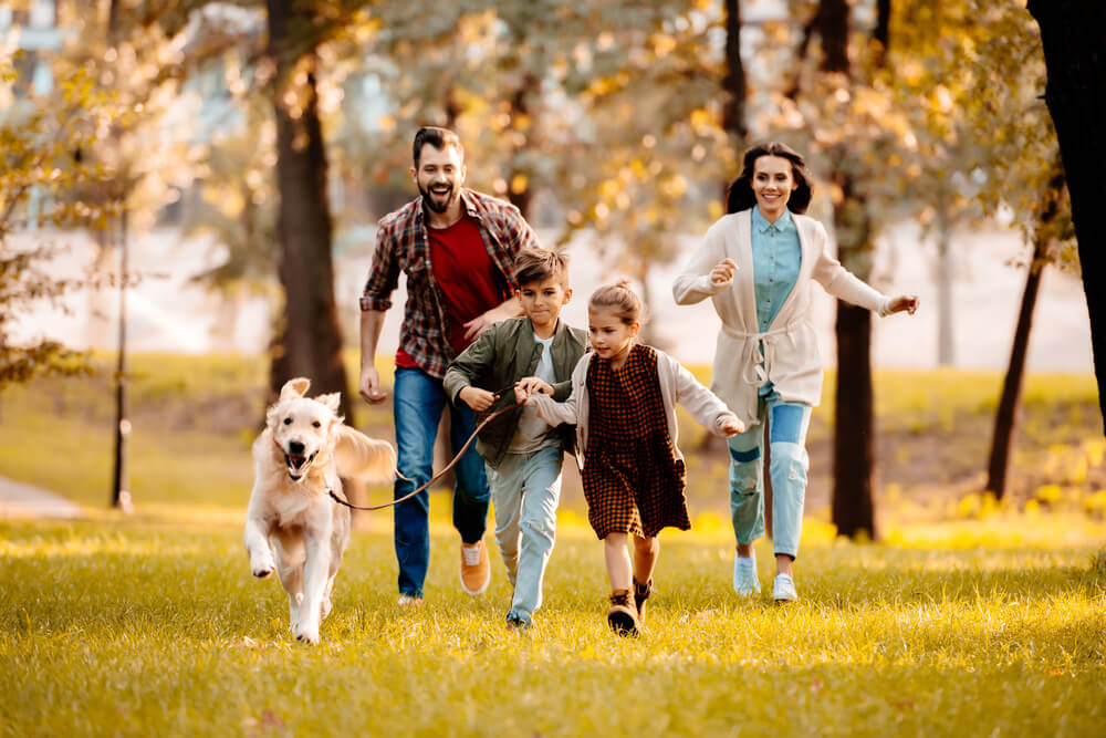 Family running with the dog 