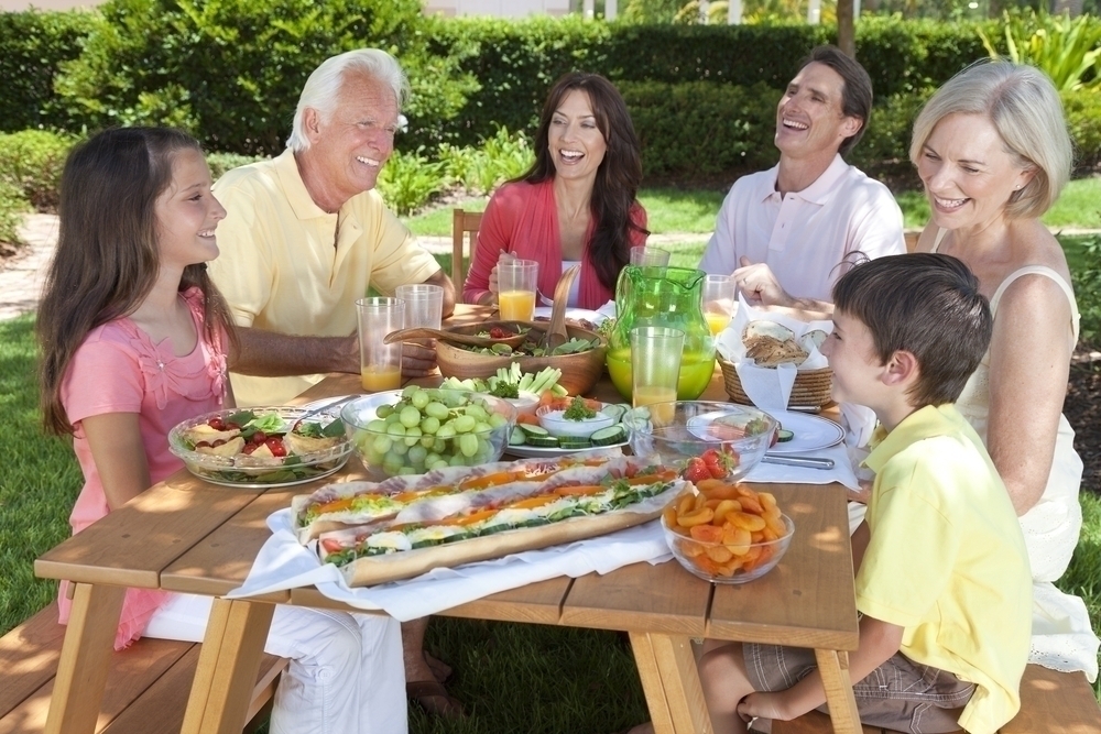 Family enjoying a picnic lunch. 