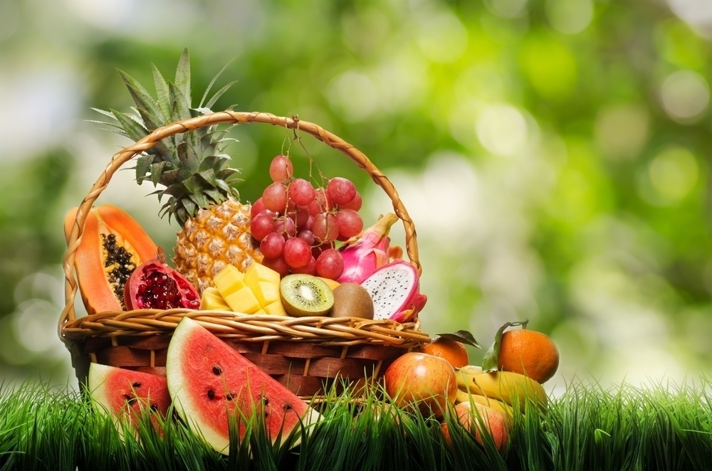 Basket of tropical fruits. 