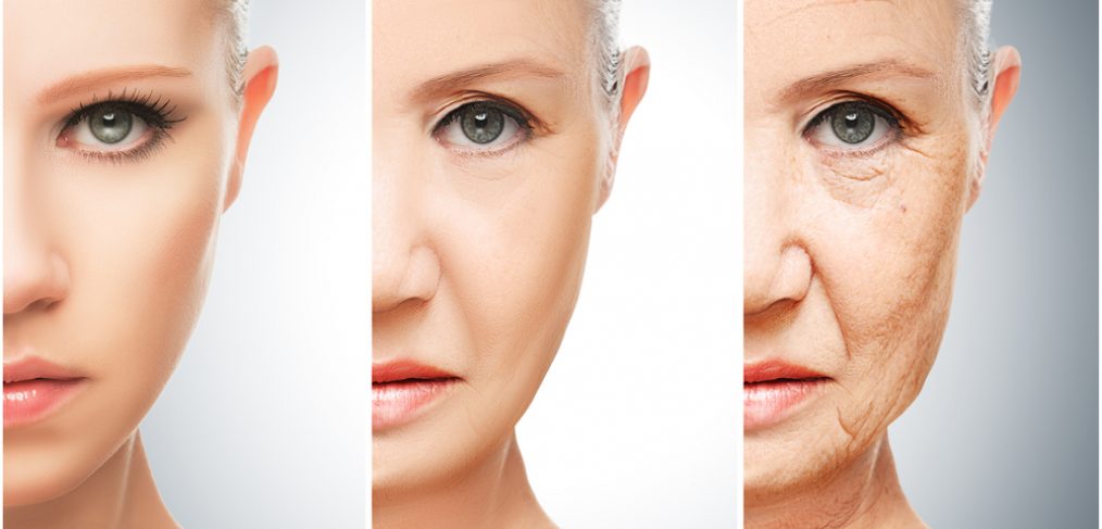 Three panels of woman's aging process